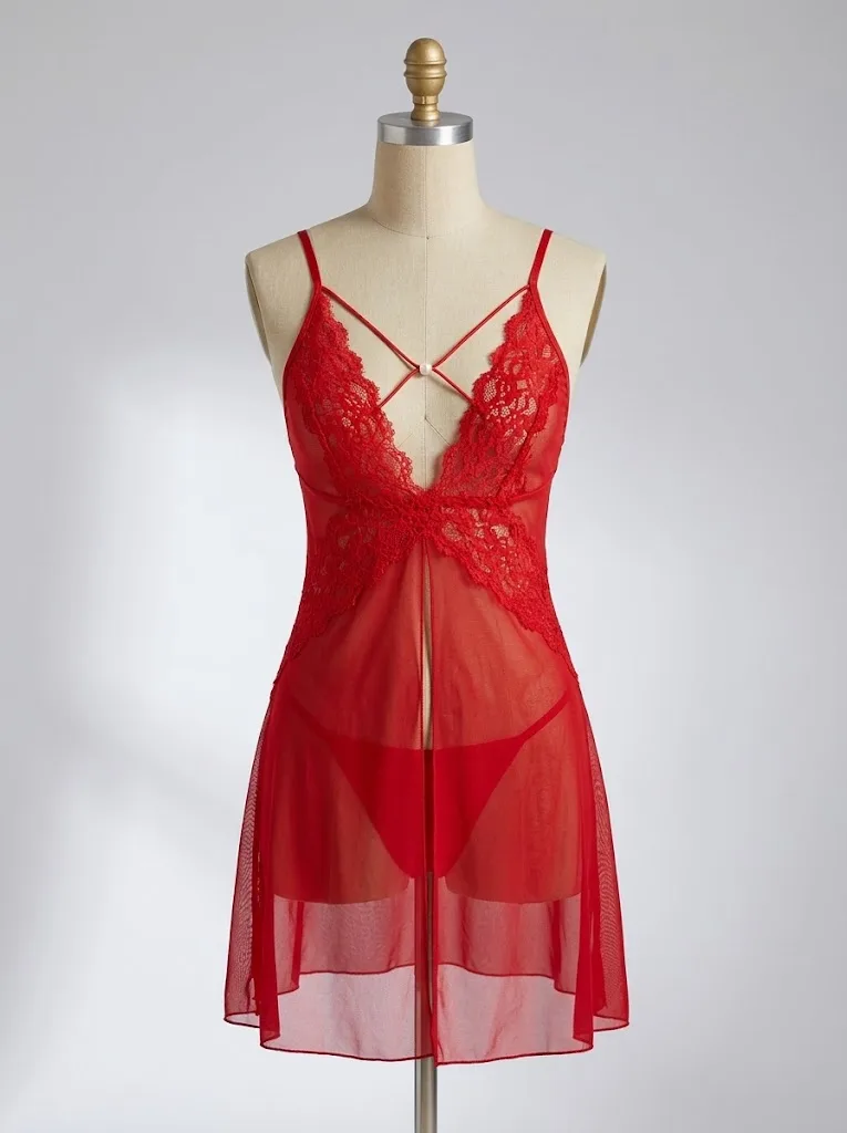 Nuisette rouge en dentelle et voile