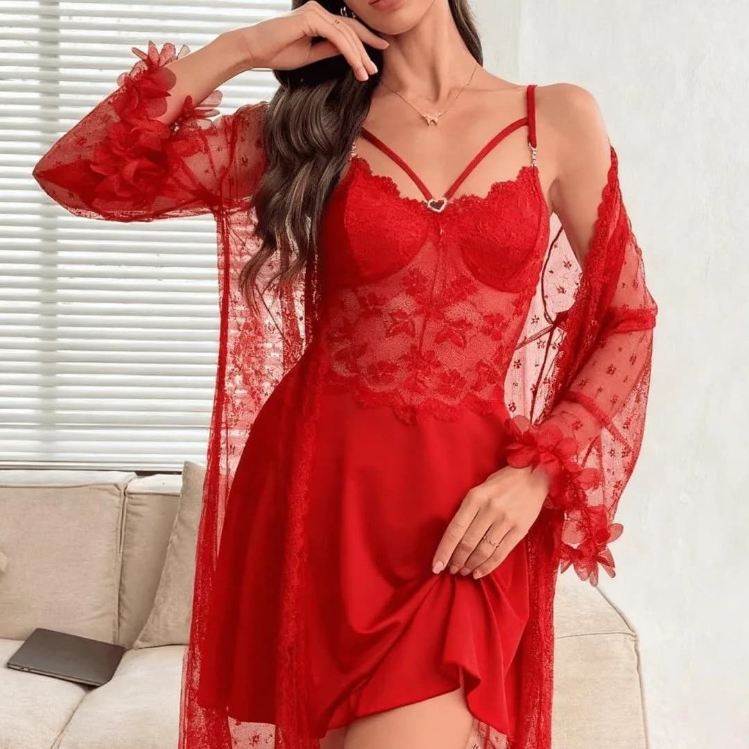 Ensemble nuisette satin dentelle et peignoir rouge