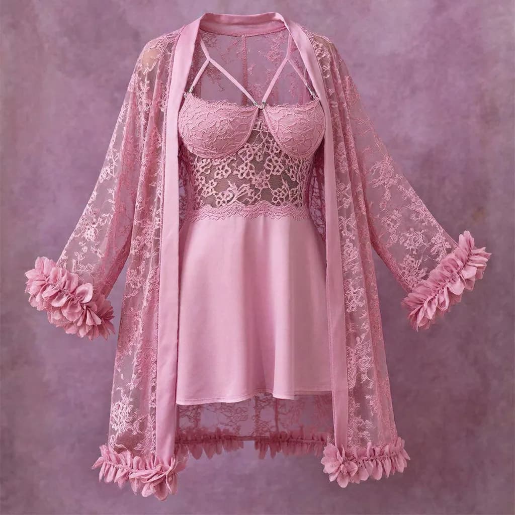 Ensemble nuisette dentelle et peignoir rose