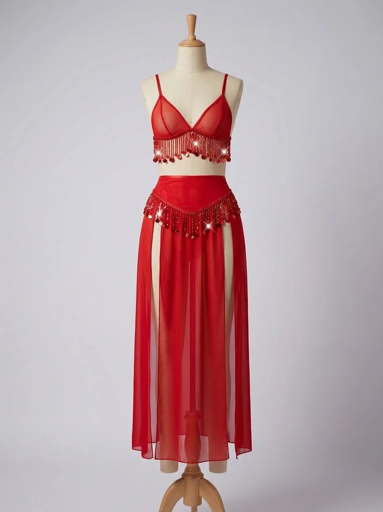 Ensemble deux pièces voile rouge à franges