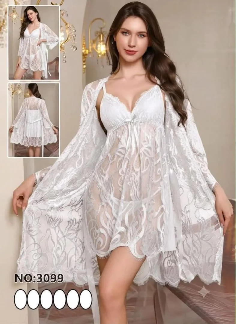 Ensemble nuisette et peignoir en dentelle blanche
