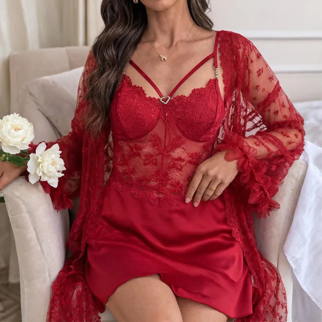 Ensemble nuisette satin dentelle et peignoir rouge