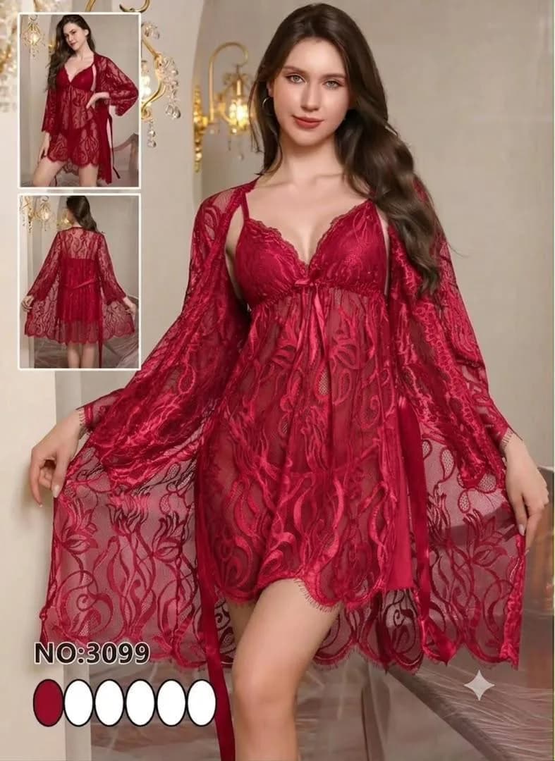 Ensemble nuisette et peignoir en dentelle bordeaux