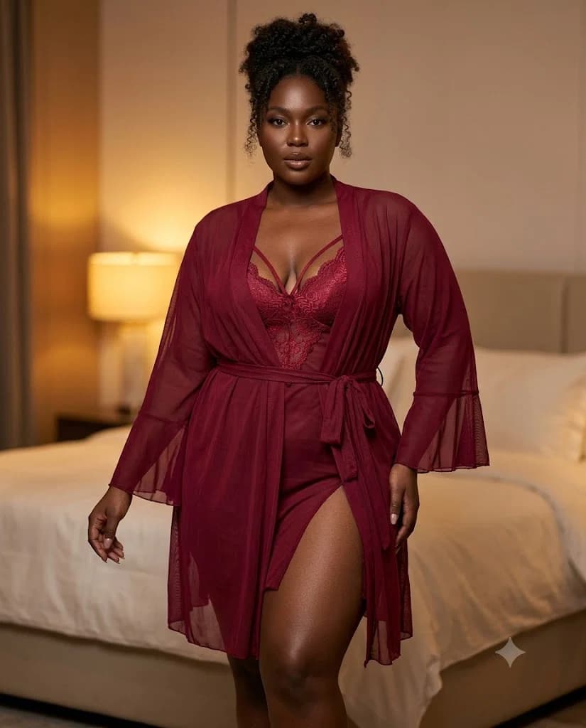 Ensemble Deshabille Kimono Bordeaux Nuisette Dentelle