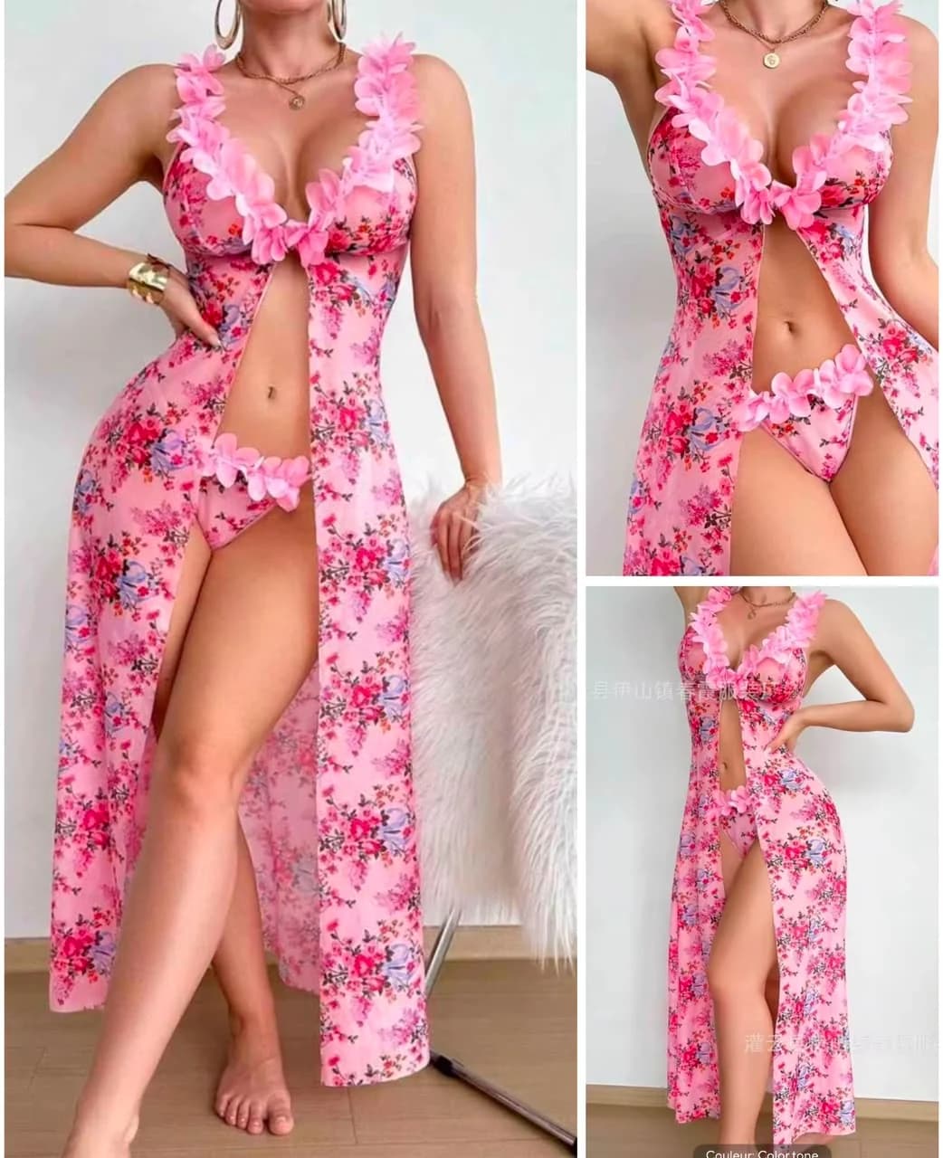 Ensemble Robe Fendue Rose Fleurie Fleurs 3D Bas Assorti