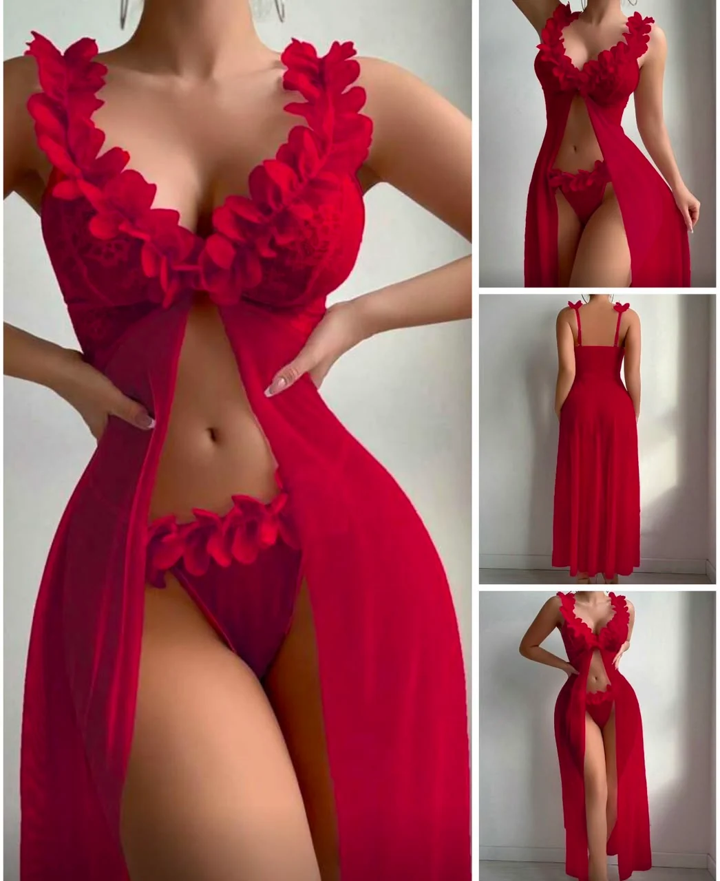 Ensemble Robe Fendue Rouge Fleurs 3D Bas Assorti