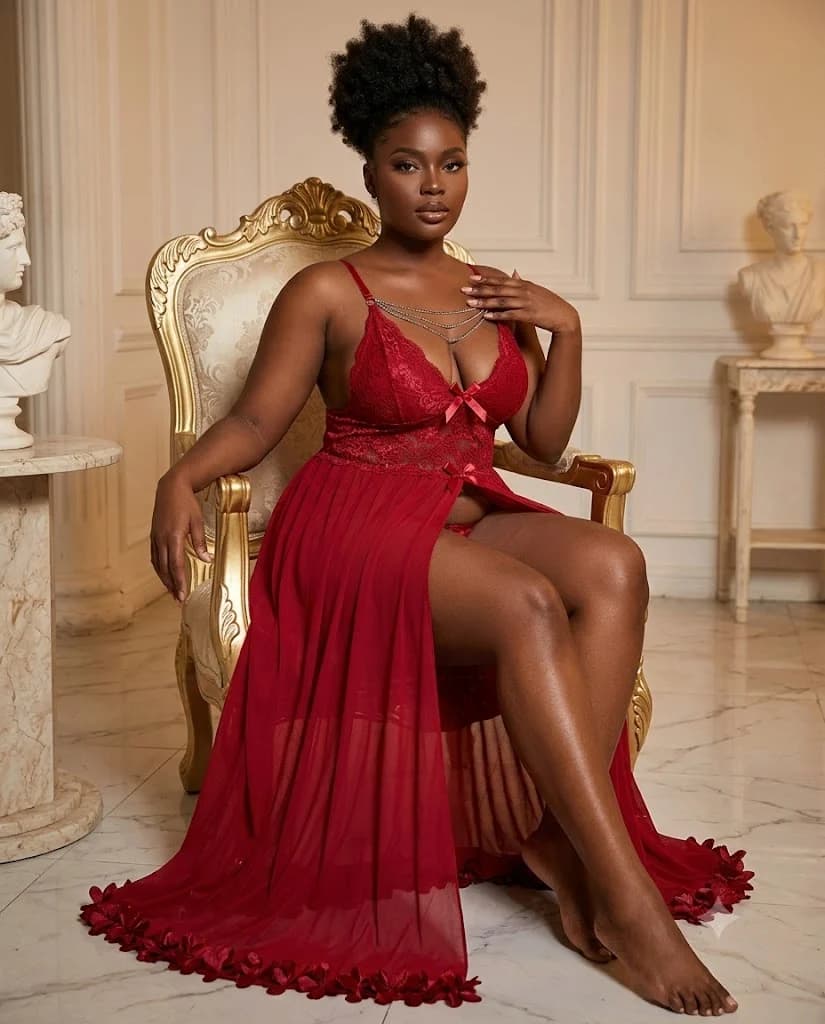 Nuisette Longue Rouge Dentelle Chaines Fleurs Ourlet