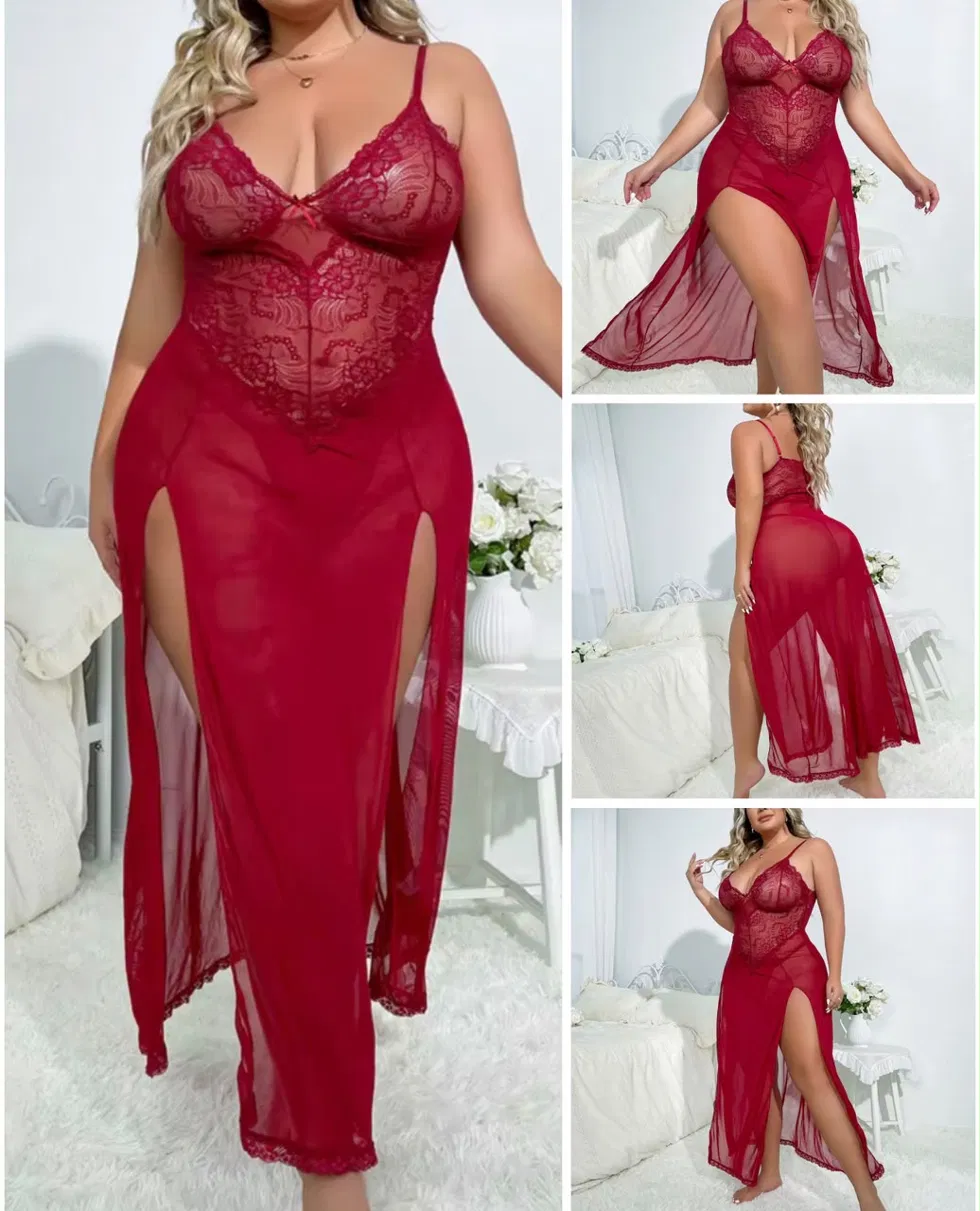 Nuisette Longue Rouge Dentelle Double Fente