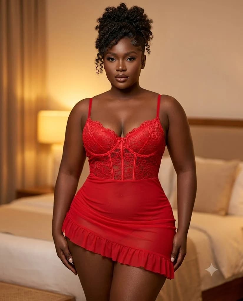 Nuisette Rouge Dentelle Corset Volants