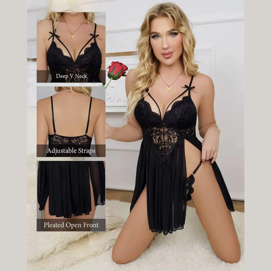 Nuisette Sexy en Dentelle & Voile Fendu – Glamour & Séduction