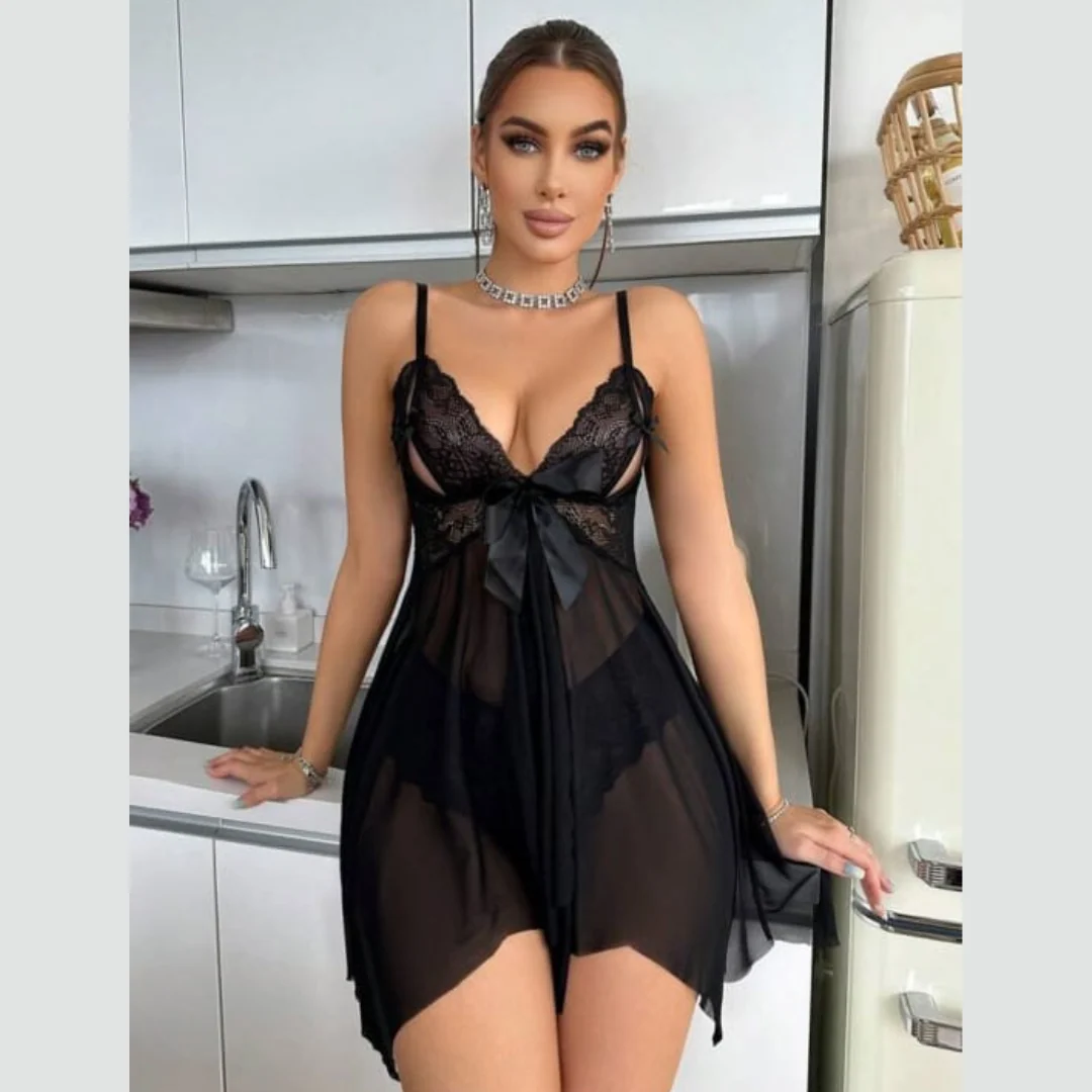 Nuisette Sexy Noire en Voile & Dentelle – Élégance Intemporelle & Séduction Sublime