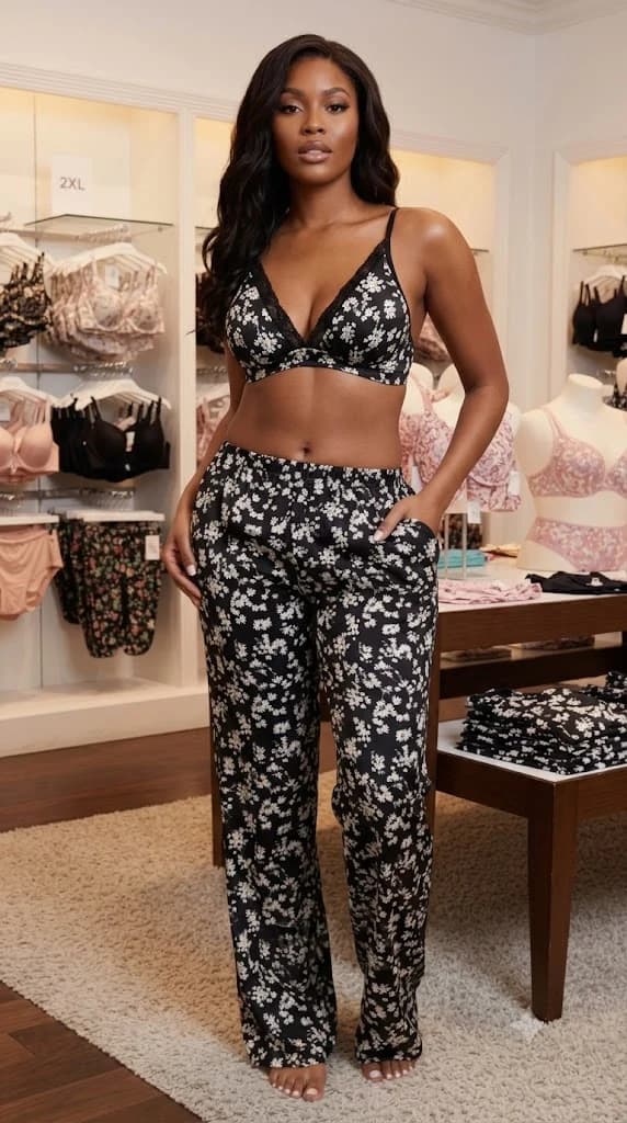 Pyjama Noir Fleurs Blanches 2 Pièces
