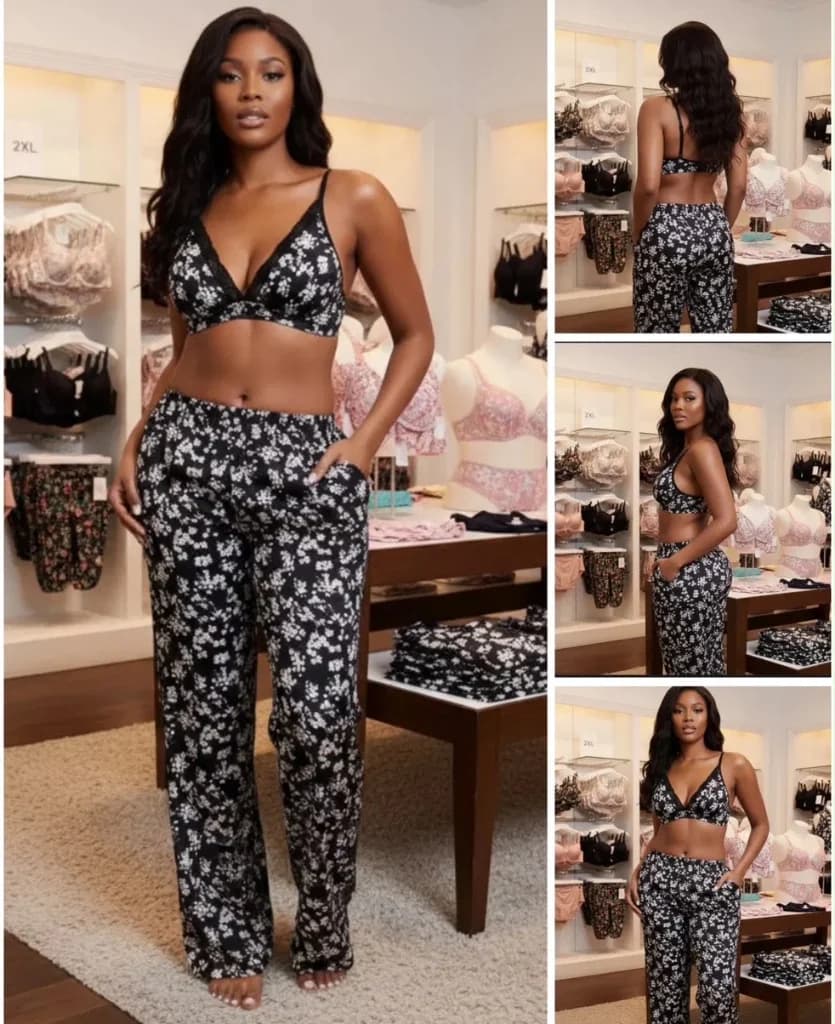 Pyjama Noir Fleurs Blanches 2 Pièces