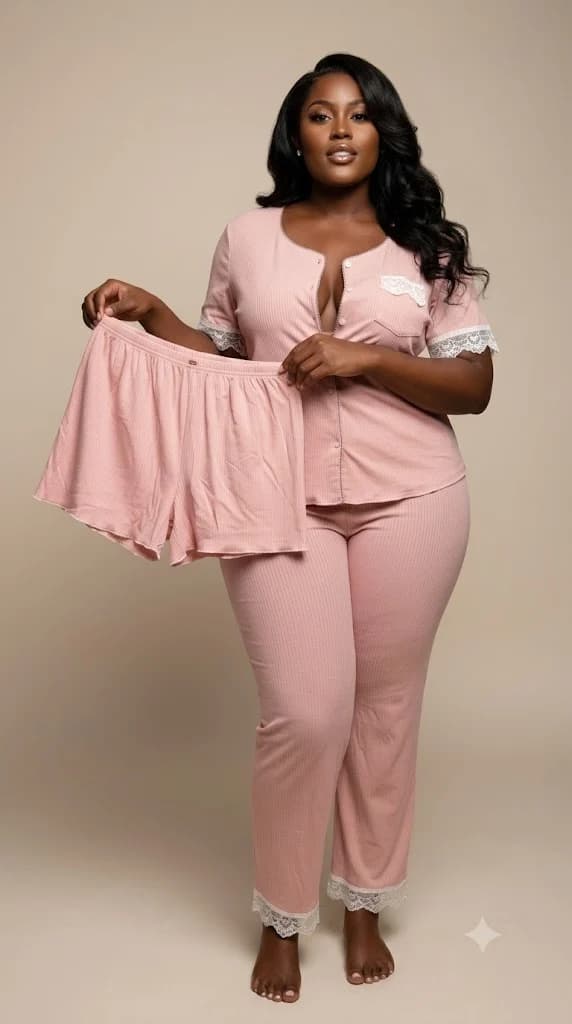Pyjama Rose Poudré Dentelle 3 Pièces
